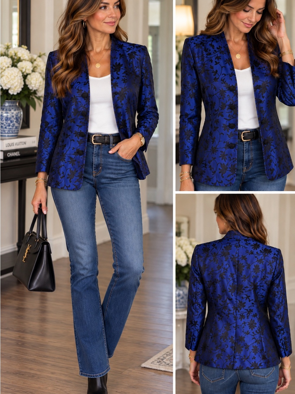 Maggy London Cobalt Blue Floral Jacquard Blazer